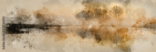 Digital watercolour painting of Panorama landscape of lake in mist with sun glow at sunrise