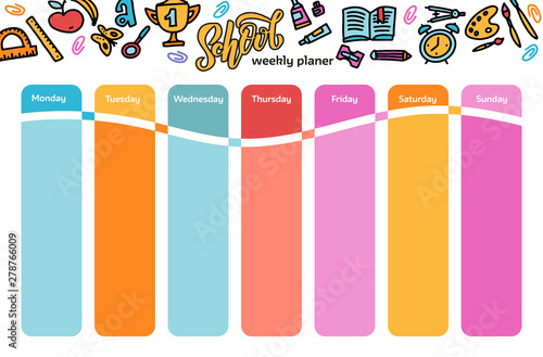 Vector Template School timetable for students and pupils. Illustration includes many hand drawn elements of school supplies. hand drawn doodle flat color illustration
