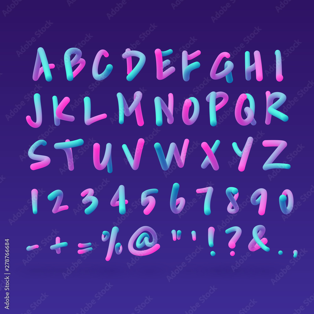 Trendy 3d alphabet set, bold neon modern pink and blue font with uppercase letters and symbols, creative vector typography Trendy 3d alphabet set, bold neon modern pink and blue font with uppercase letters and symbols, creative vector typography