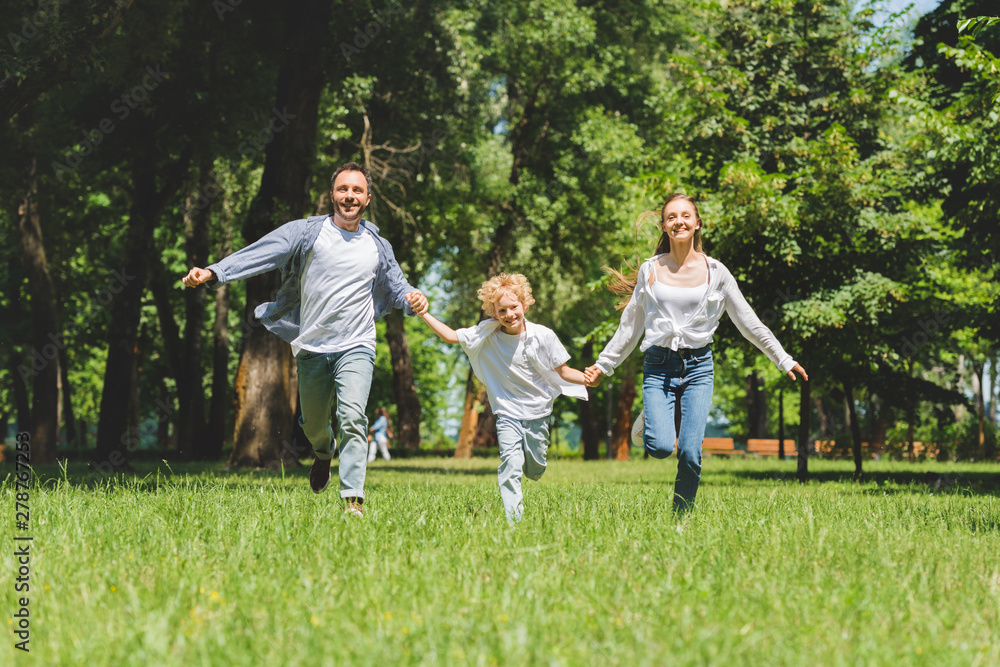 Obraz premium excited family holding hands and running in park during daytime