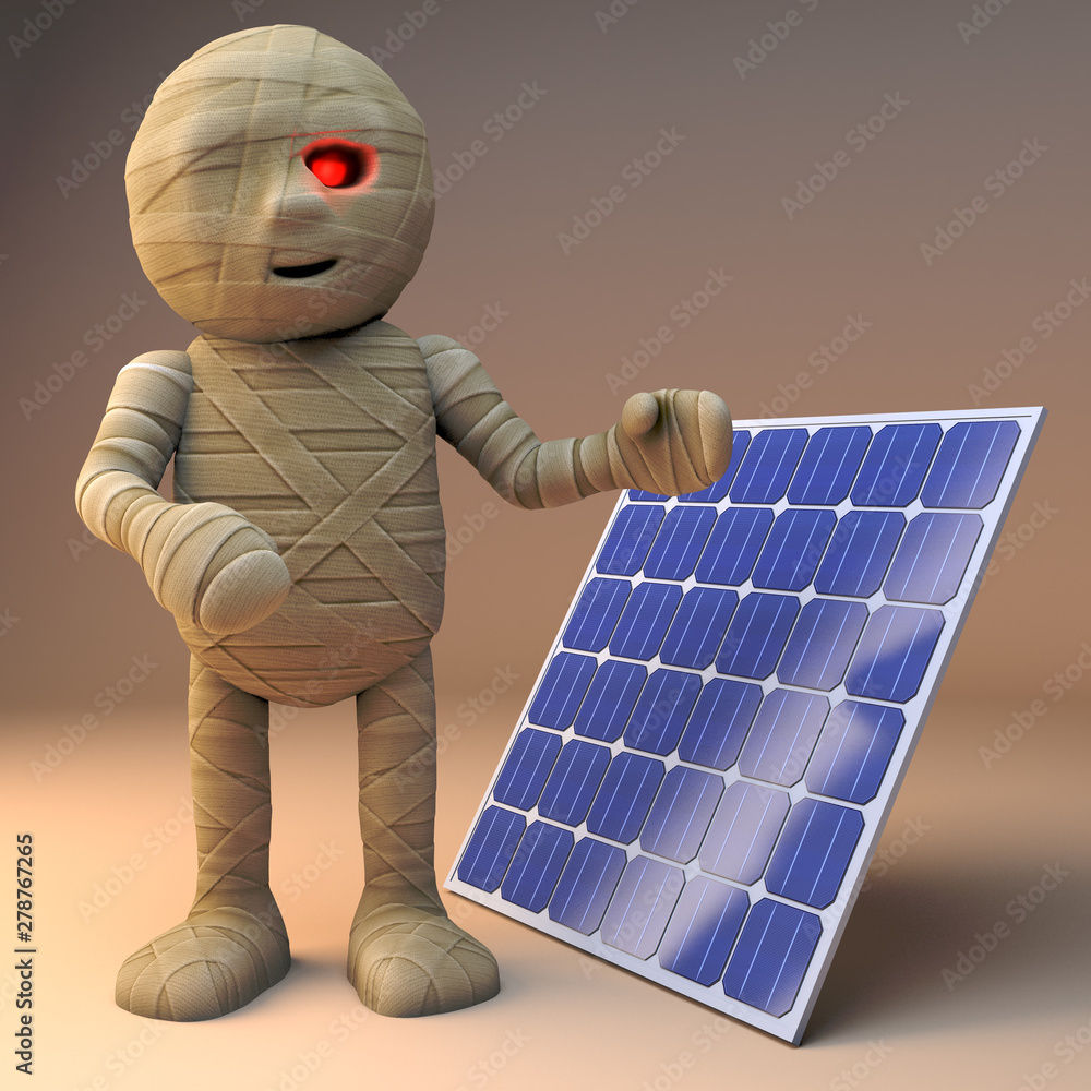 Cool 3d cartoon Egyptian mummy monster standing by a renewable energy solar  panel, 3d illustration Stock Illustration | Adobe Stock