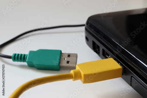 Yellow USB cable connect to laptop computer on white background
