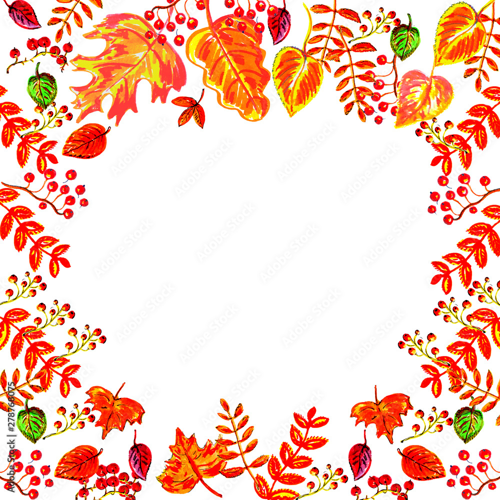 Obraz premium Watercolor illustration: frame of colored autumn leaves on a white background