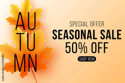 Autumn sale banner. Seasonal background with fall leaves. Maple leaf with black text. Start of a seasonal sale with big discounts. Vector illustration