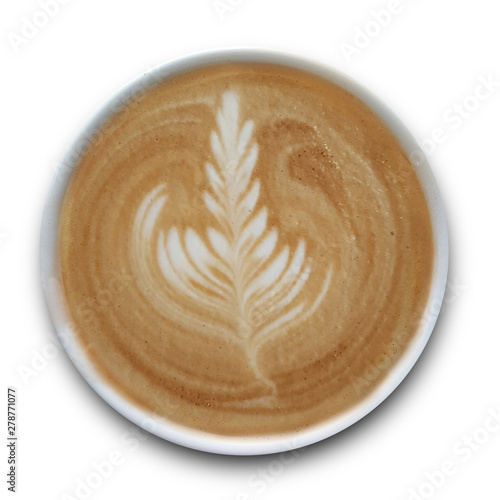 Top view of a mug of latte art coffee isolted on white background.
