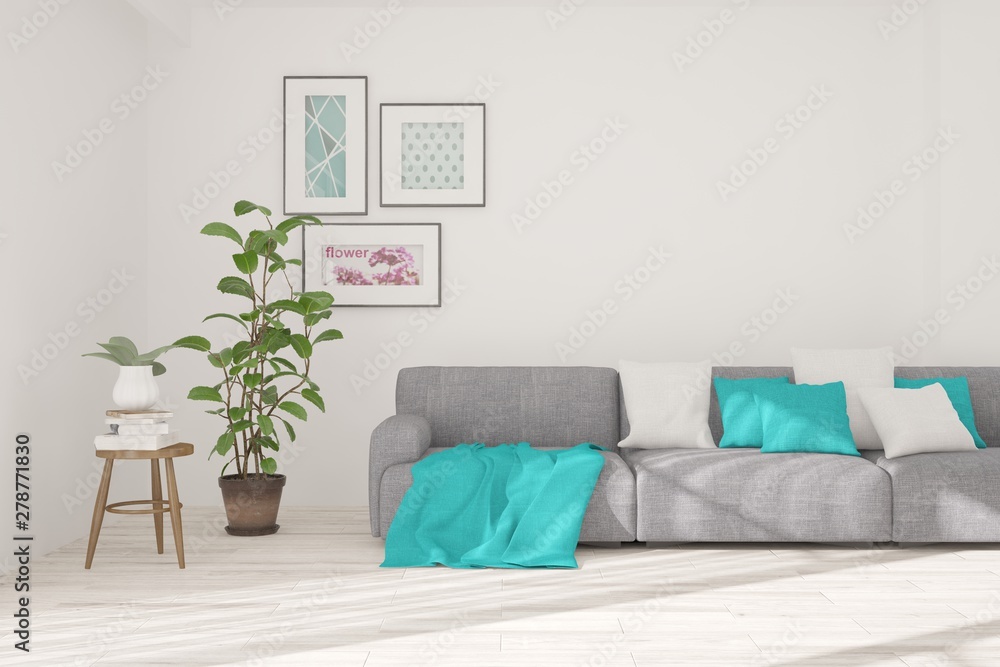 Fototapeta premium Stylish room in white color with sofa. Scandinavian interior design. 3D illustration