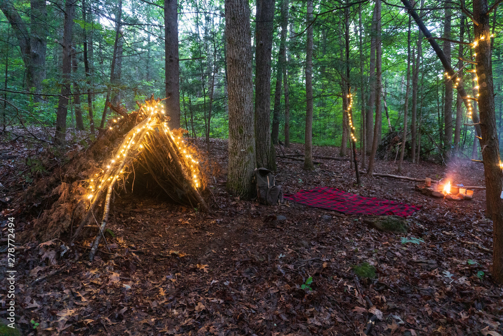 Debris hut survival shelter in the forest with Fairy Lights and a Campfire,  blanket, and backpack. Bushcraft camping in the forest wilderness. Photos