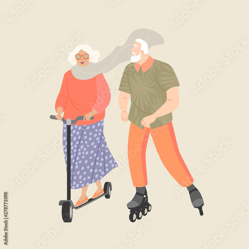 Elderly people ride scooters and roller skates.