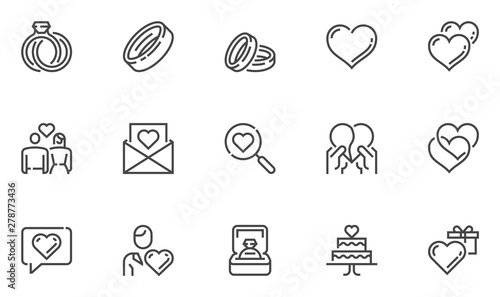 Love and Wedding Vector Line Icons Set. Matrimony, Happy Couple, Valentine’s Day, Romantic Relationship, Love Affair. Editable Stroke. 48x48 Pixel Perfect.