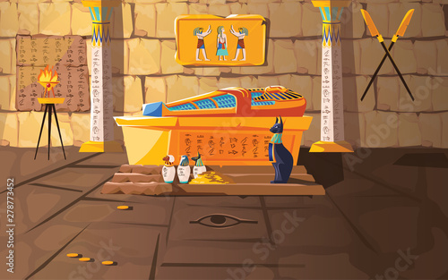 Ancient Egypt tomb of pharaoh cartoons vector illustration. Egyptian pyramid interior with golden sarcophagus, hieroglyphs and mural, ritual vases and other religious symbols, treasure