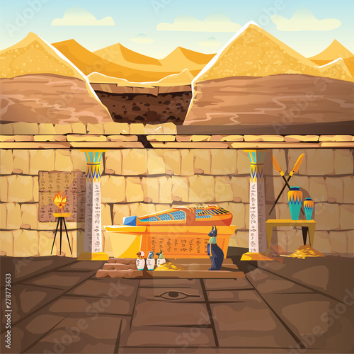 Ancient Egypt pharaoh lost tomb, underground cartoon vector illustration. Archeological excavations, treasures hunting concept. Desert, dug sand and sunbeam in crypt with sarcophagus and gold coins