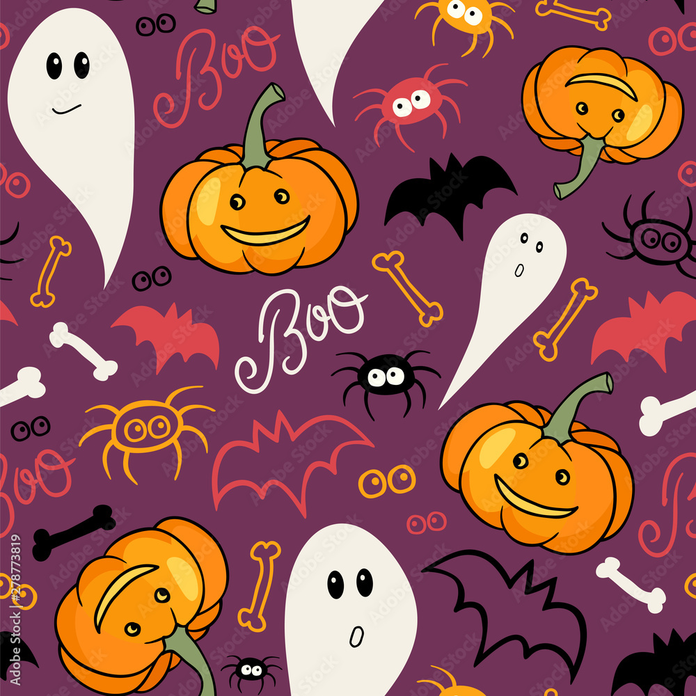 Halloween background. Seamless vector pattern with Jack-o'-Lantern, ghost, bats and spiders.