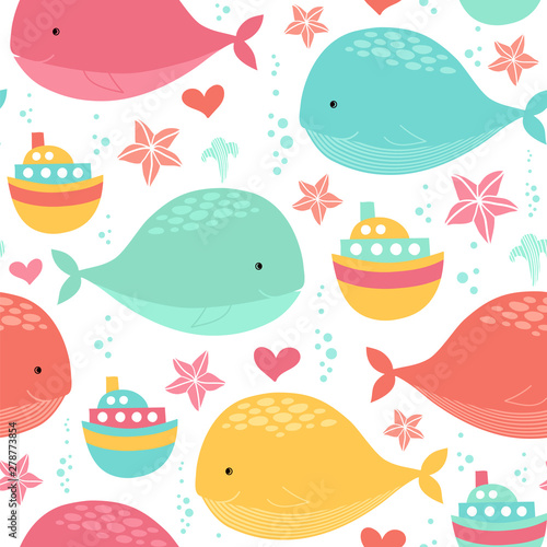 Seamless vector pattern with cute whales, steamboats and starfish in kids style.