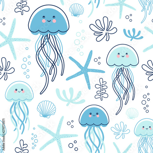 Stylish seamless pattern with jellyfish, seashells, starfish and water plant. Vector marine background.