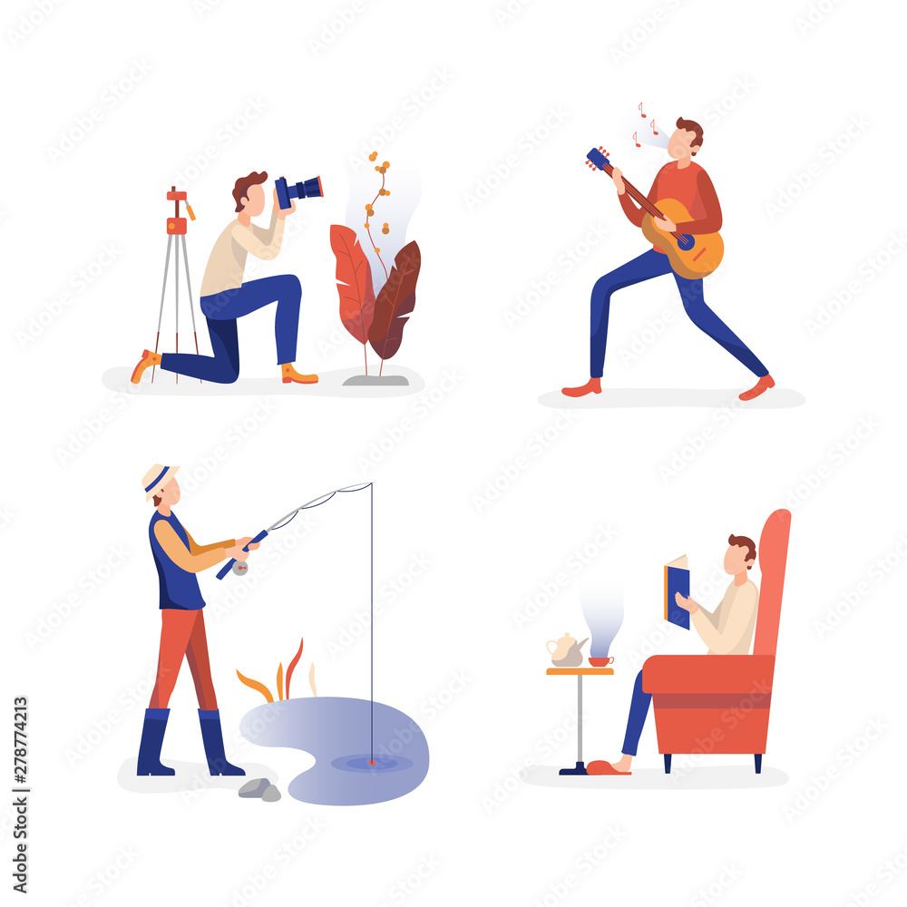 Males enjoying free time activities, flat persons vector illustration collection