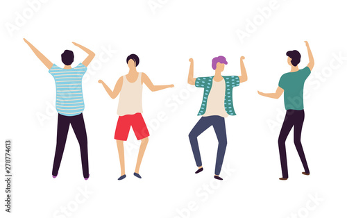 People dancing in club vector, man raising hands up and jumping, front and back view of males having fun in nightclub. Dancers and clubbers relaxing