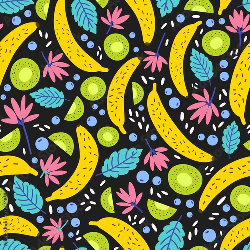 Seamless pattern with exotic blooming flowers and tropical fruits on black ba...