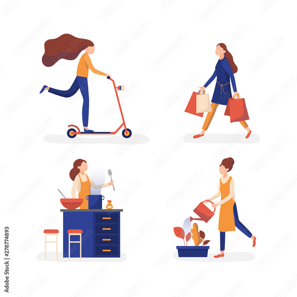 Females enjoying free time activities, flat persons vector illustration collection