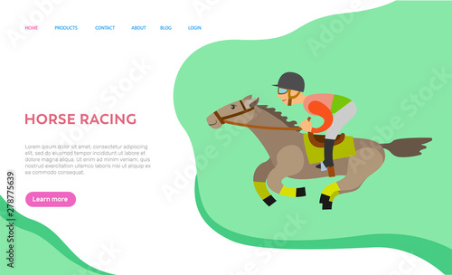 Fotografie, Tablou Horse racing vector, rider on animal, male wearing special clothes and helmet, equine sports participant, equestrian riding man with text