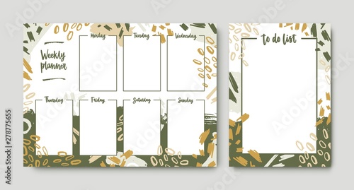 Bundle of weekly planner and to-do-list templates with frame decorated by green brush strokes, paint traces and scribble. Printable pages for task and appointment planner. Modern vector illustration.