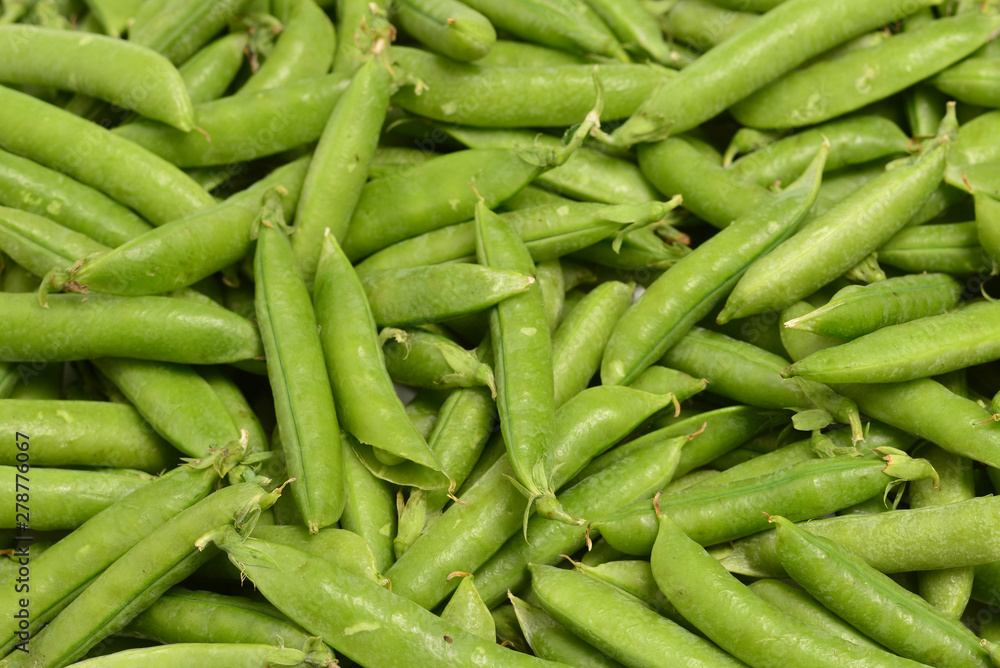 Fresh pea pods as background. Top view.