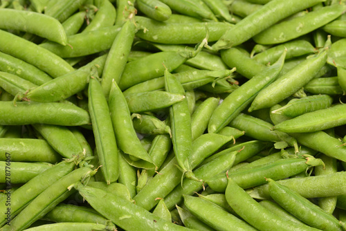 Fresh pea pods as background. Top view.