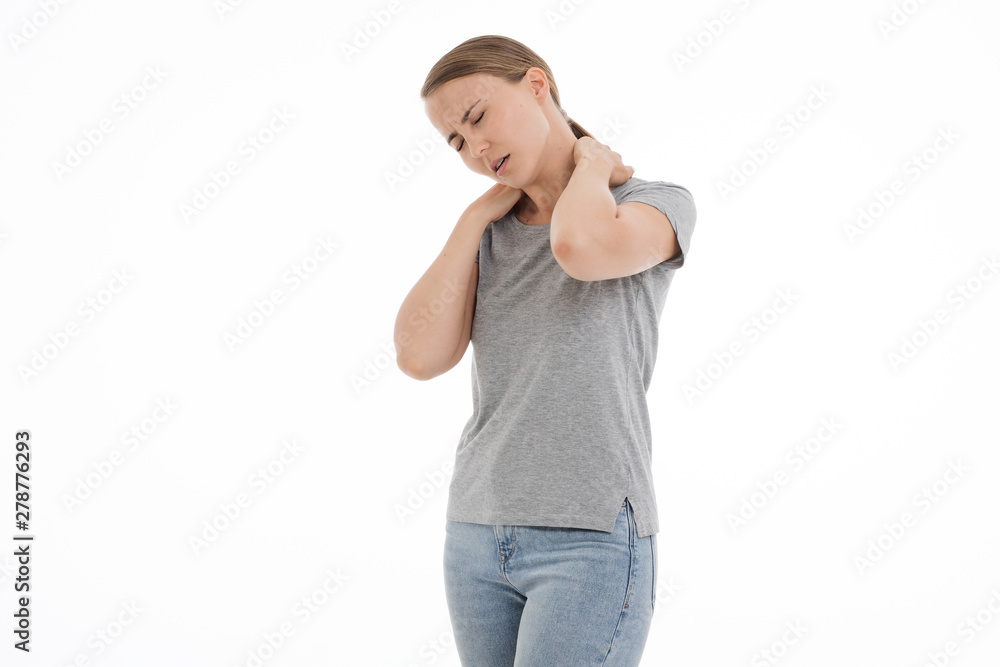 young sick woman is feeling unwell, ache, pain, bad. White background. young sick woman is feeling unwell, ache, pain, bad. White background.