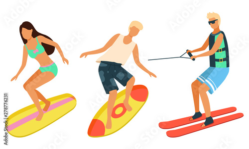 Summer fun, windsurfing sport recreation and water skis. Vector beach activities, man and woman on surfboards isolated. Vector surfers on boards and jets