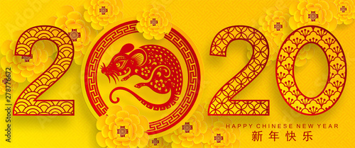  Happy chinese new year 2020 year of the rat ,paper cut rat character,flower and asian elements with craft style on background.  (Chinese translation : Happy chinese new year 2020, year of rat)
