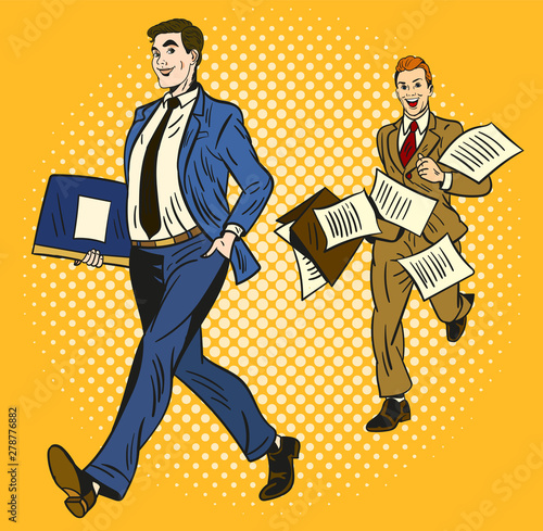 Two cartoon businessmen over a yellow background, one smart and organised carrying a briefcase and the second rushing along running behind with papers flying everywhere