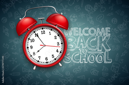 Back to school design with red alarm clock and typography on black chalkboard background. Vector education concept illustration for greeting card, banner, flyer, invitation, brochure or promotional