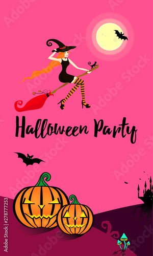 Young beautiful witch in bright striped stockings flies on a broom at a party in honor of Halloween. Halloween party invitation in pink and purple colors