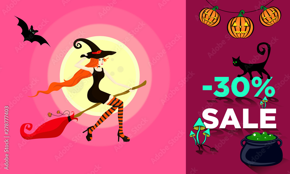 Flyer or banner with a 30% discount on sale in honor of Halloween. Young beautiful girl dressed as a witch flies on a broom in the direction of the sale