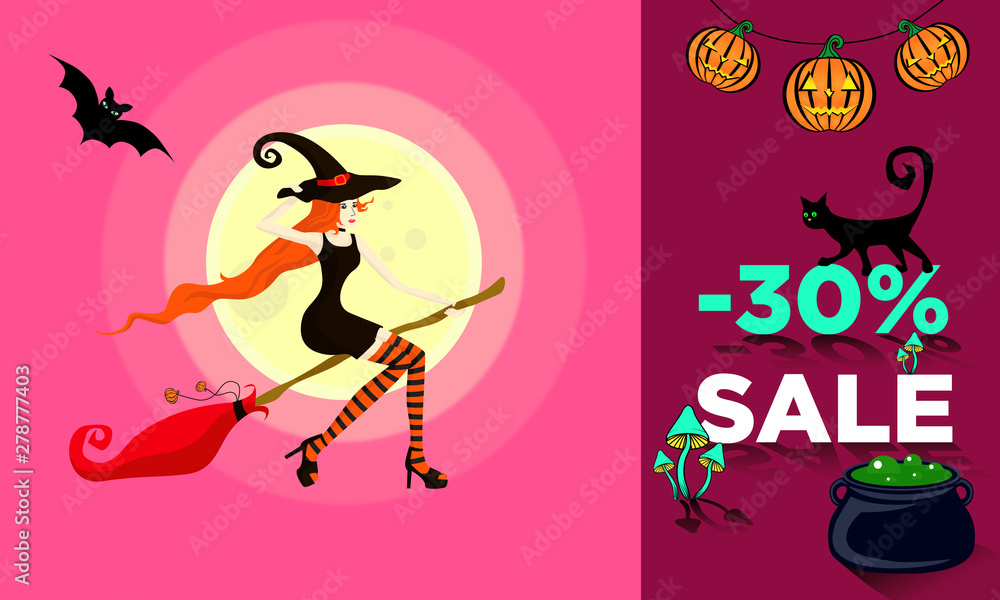 Flyer or banner with a 30% discount on sale in honor of Halloween. Young beautiful girl dressed as a witch flies on a broom in the direction of the sale Flyer or banner with a 30% discount on sale in honor of Halloween. Young beautiful girl dressed as a witch flies on a broom in the direction of the sale