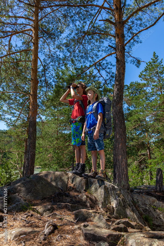 Boys with backpacks looking through the binoculars. Kids hiking in mountains. Concept of active travel.