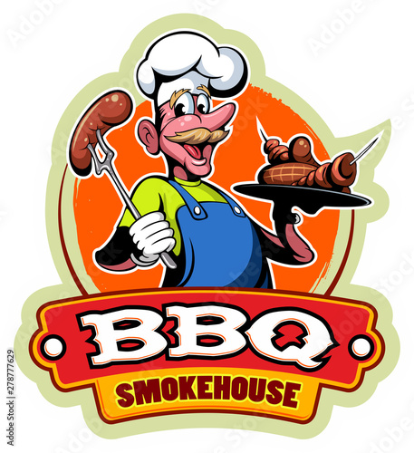 Cartoon style chef master in a cap, barbecue vector logo.