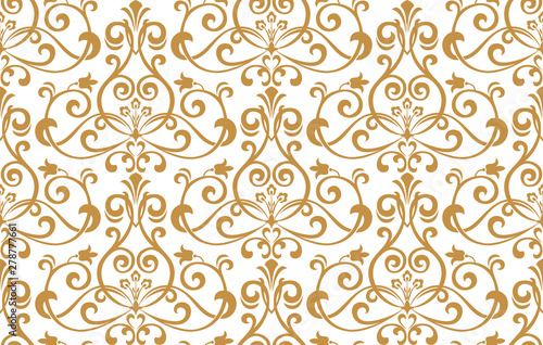 Wallpaper in the style of Baroque. Seamless vector background. White and gold floral ornament. Graphic pattern for fabric, wallpaper, packaging. Ornate Damask flower ornament photo