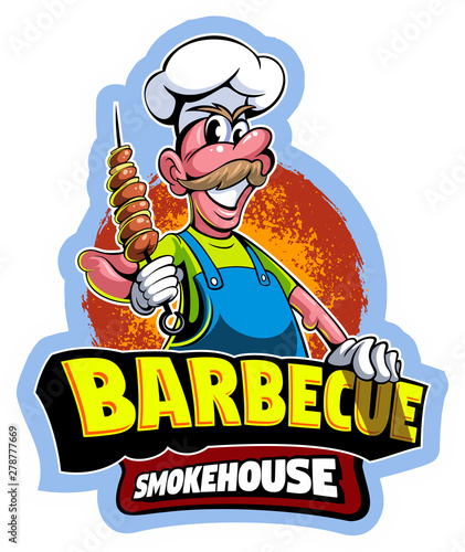 Cartoon style chef master in a cap, barbecue vector logo.