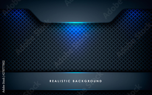 Blue abstract dimension on black texture background. Realistic overlap layers texture with blue lights element decoration.