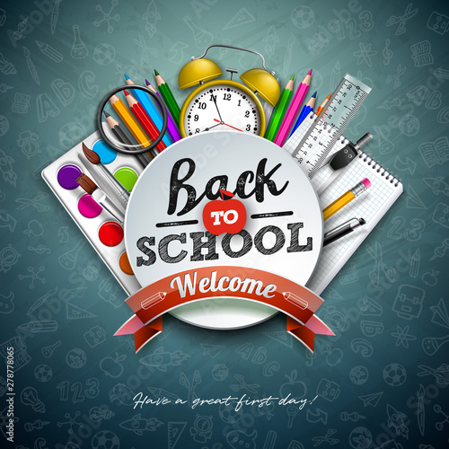 Back to school design with colorful pencil, scissors, ruler and typography letter on chalkboard background. Vector illustration with education elements and hand drawn doodles for greeting card, banner