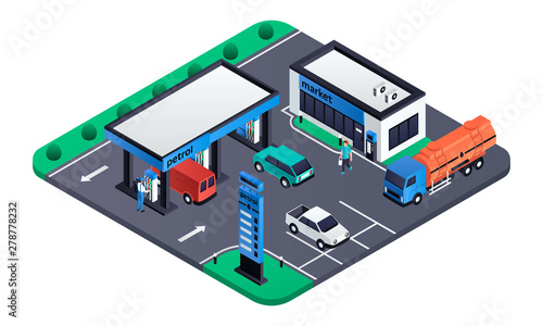 Modern petrol station concept banner. Isometric illustration of modern petrol station vector concept banner for web design