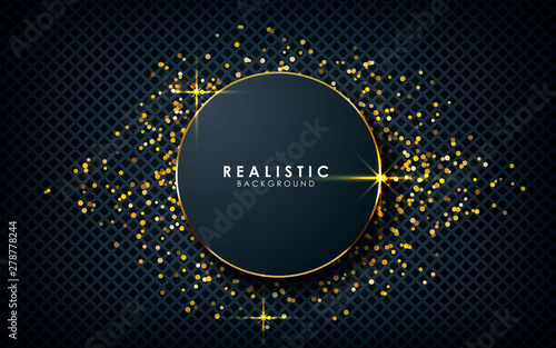Gray abstract dimension on dark textured background. Realistic overlap layers texture with golden lights and golden glitters element decoration.