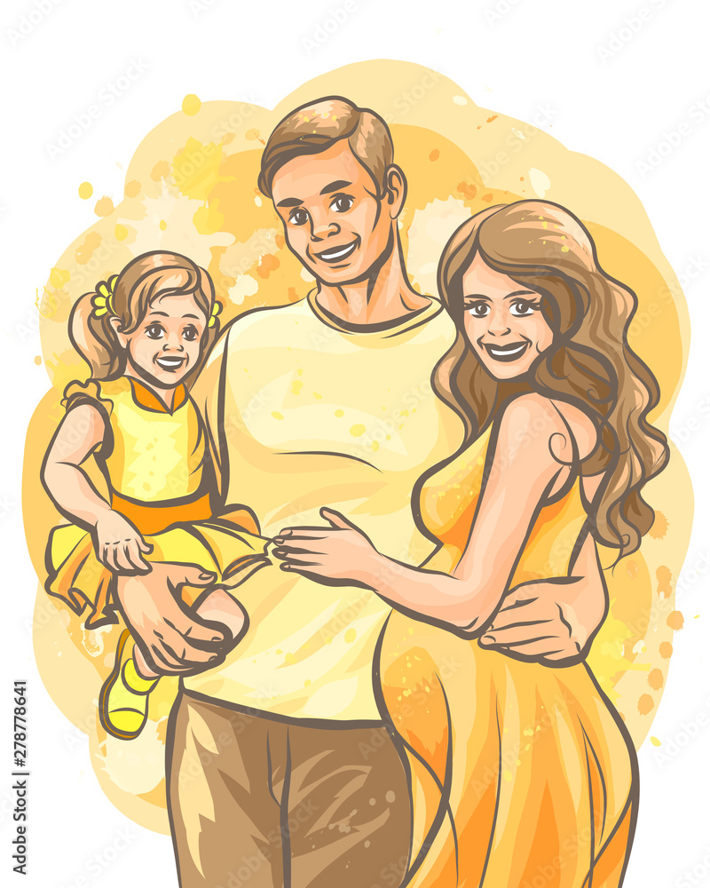 Family. Graphic, hand-drawn, color comic strip depicting happy father hugs pregnant wife and holds daughter in his arms. Family. Graphic, hand-drawn, color comic strip depicting happy father hugs pregnant wife and holds daughter in his arms.