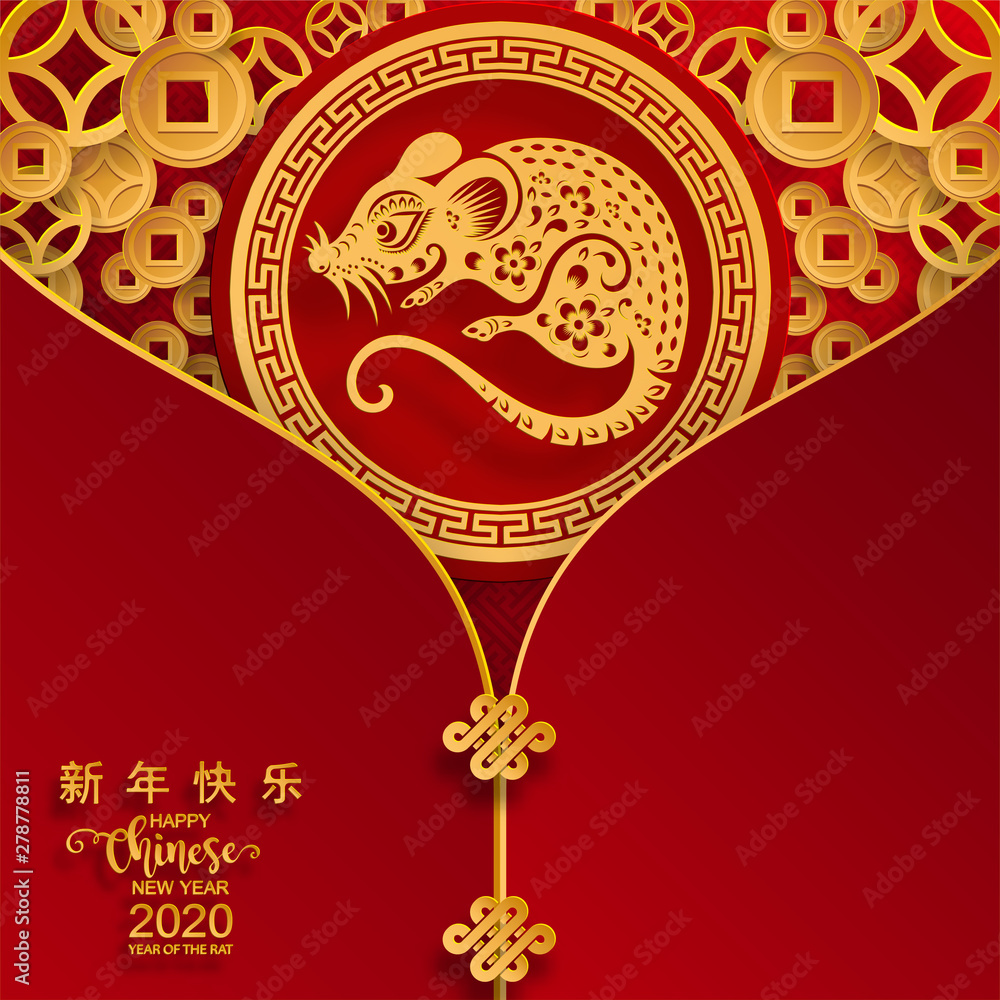  Happy chinese new year 2020 year of the rat ,paper cut rat character,flower and asian elements with craft style on background.  (Chinese translation : Happy chinese new year 2020, year of rat)
