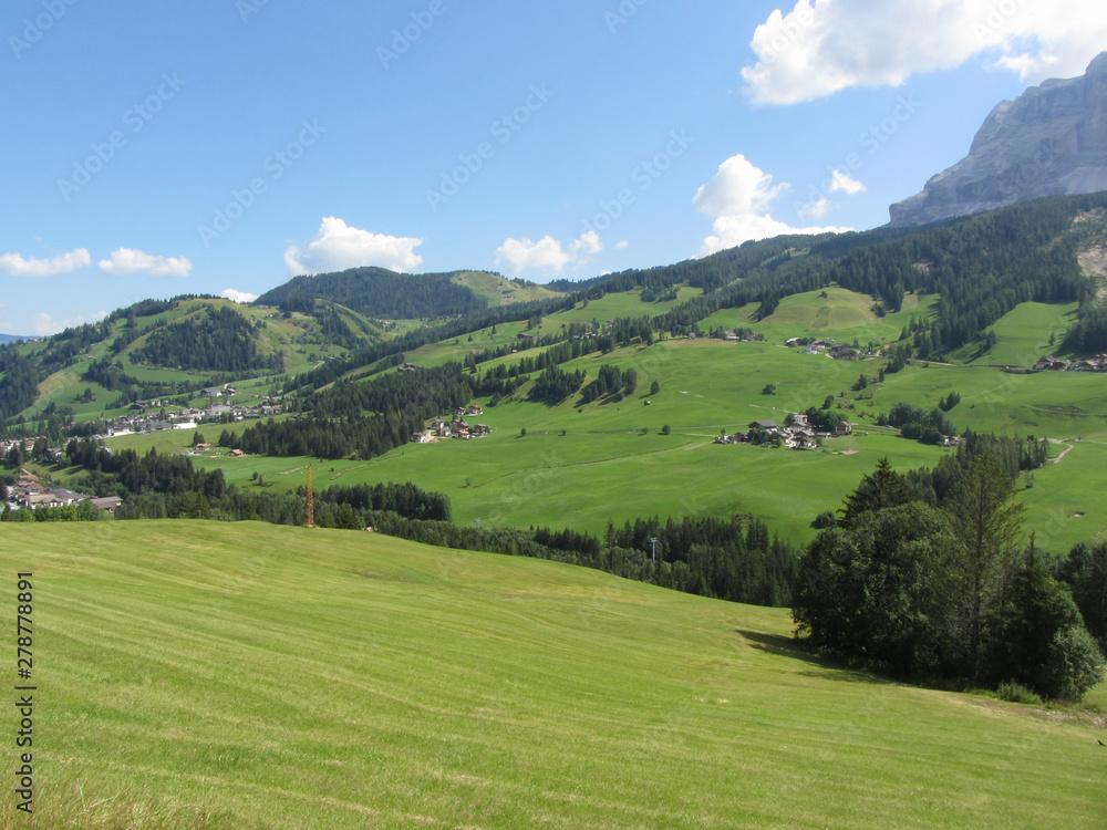 Alpine landscape with green pastures and firs against italian Dolomites at summer . View from La Villa village, Bolzano, Alto Adige, South Tyrol, Italy