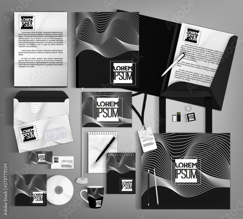 Corporate identity template design with a black and white wave.