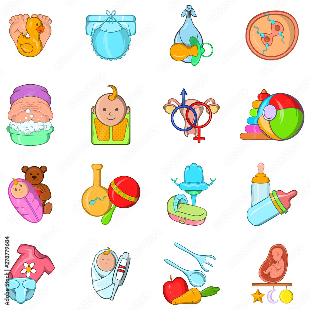 Children time icons set. Cartoon set of 16 children time vector icons for web isolated on white background