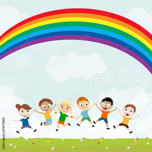 summer time happy kids having fun in front of rainbow © picoStudio