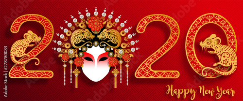  Happy chinese new year 2020 year of the rat ,paper cut rat character,flower and asian elements with craft style on background.  (Chinese translation : Happy chinese new year 2020, year of rat)