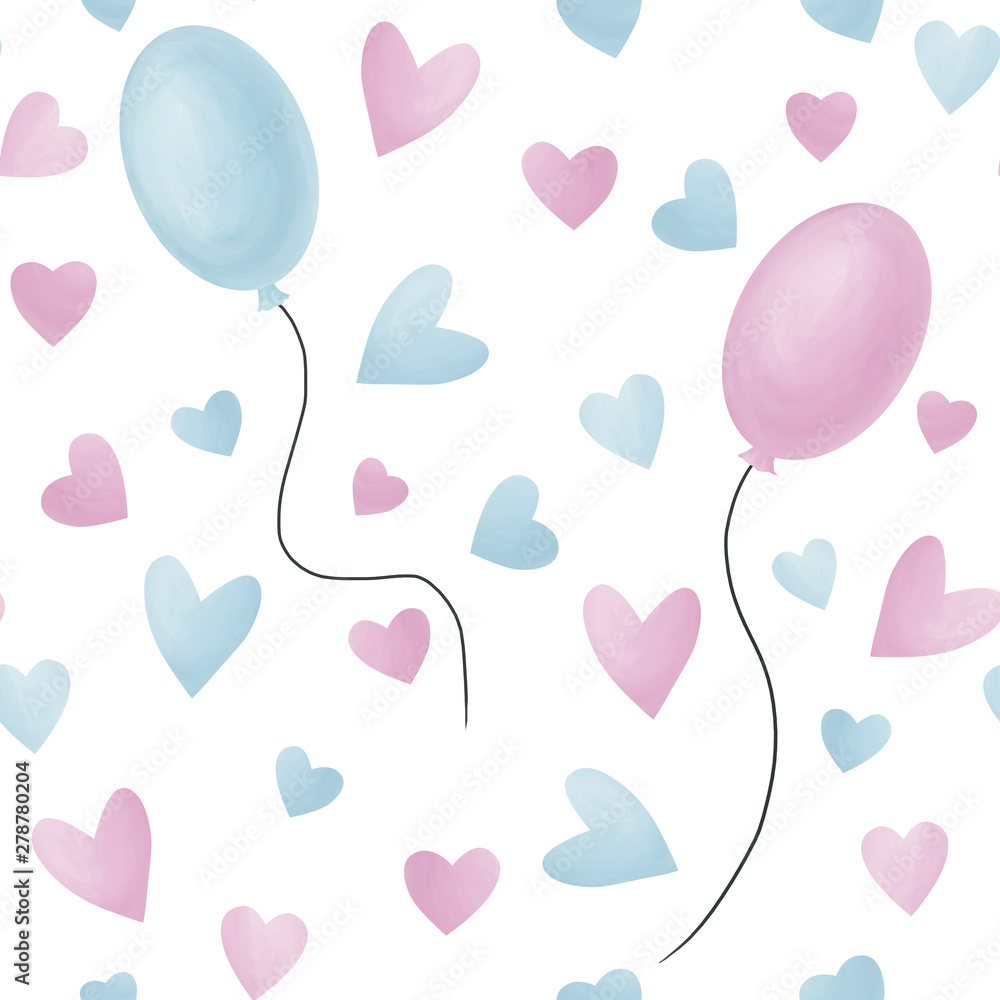Drawn hearts and balloons seamless pattern on white background.  Love, romantic background, basis backdrop